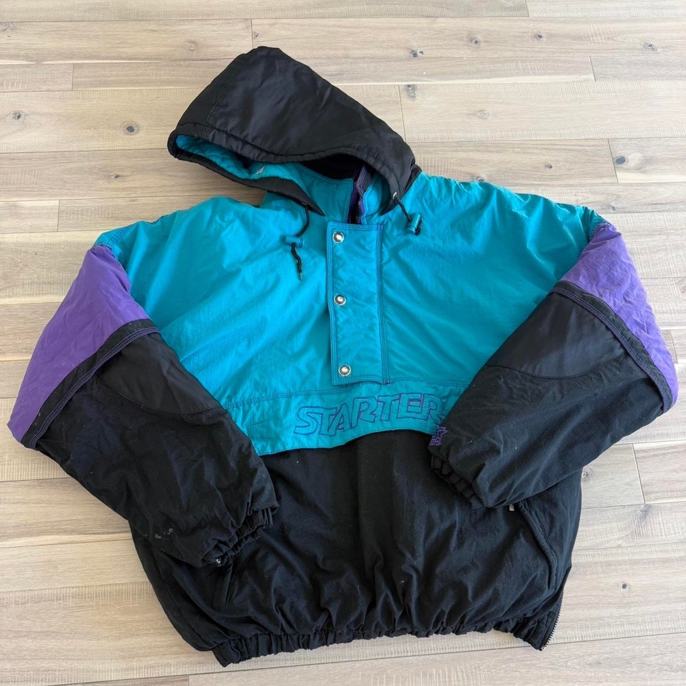 2000s VTG Starter teal and purple windbreaker jacket with hood. Size XL